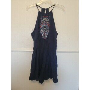 Hollister Romper With Halter Top Neckline Size Large Blue Embroidery Drawstrings